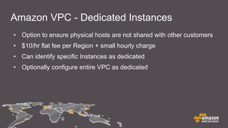Amazon VPC - Dedicated Instances
• Option to ensure physical hosts are not shared with other customers
• $10/hr flat fee per Region + small hourly charge
• Can identify specific Instances as dedicated
• Optionally configure entire VPC as dedicated
 