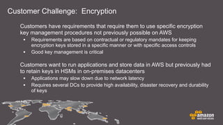 Customers have requirements that require them to use specific encryption
key management procedures not previously possible on AWS
• Requirements are based on contractual or regulatory mandates for keeping
encryption keys stored in a specific manner or with specific access controls
• Good key management is critical
Customers want to run applications and store data in AWS but previously had
to retain keys in HSMs in on-premises datacenters
• Applications may slow down due to network latency
• Requires several DCs to provide high availability, disaster recovery and durability
of keys
Customer Challenge: Encryption
 