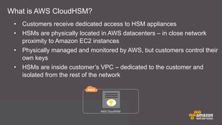 What is AWS CloudHSM?
• Customers receive dedicated access to HSM appliances
• HSMs are physically located in AWS datacenters – in close network
proximity to Amazon EC2 instances
• Physically managed and monitored by AWS, but customers control their
own keys
• HSMs are inside customer’s VPC – dedicated to the customer and
isolated from the rest of the network
AWS	
  CloudHSM
 