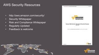 AWS Security Resources
• http://aws.amazon.com/security/
• Security Whitepaper
• Risk and Compliance Whitepaper
• Regularly Updated
• Feedback is welcome
 