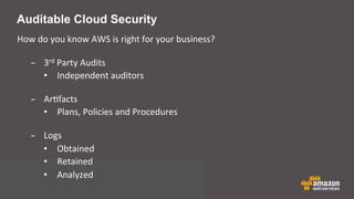 Auditable Cloud Security
How	
  do	
  you	
  know	
  AWS	
  is	
  right	
  for	
  your	
  business?	
  	
  
- 3rd	
  Party	
  Audits
• Independent	
  auditors
- ArCfacts
• Plans,	
  Policies	
  and	
  Procedures
- Logs
• Obtained
• Retained
• Analyzed
 