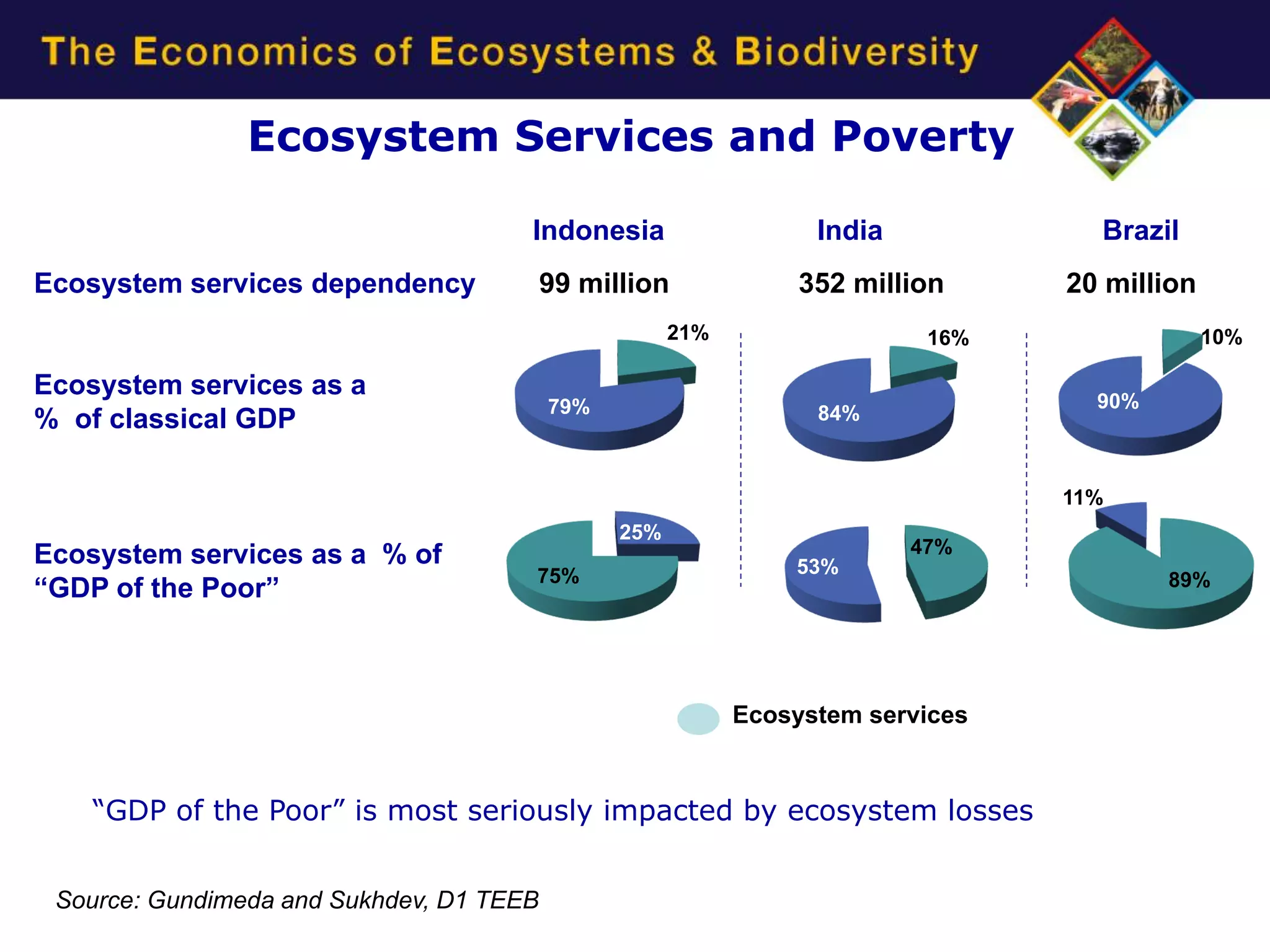 Ecosystem Services and Poverty

                                      Indonesia                   India            Brazil
Ecosystem services dependency             99 million             352 million     20 million
                                                      21%                  16%                10%

Ecosystem services as a                                                            90%
                                          79%                     84%
% of classical GDP

                                                                                 11%
                                                25%
Ecosystem services as a % of                                              47%
                                      75%                       53%
“GDP of the Poor”                                                                        89%




                                                            Ecosystem services


    “GDP of the Poor” is most seriously impacted by ecosystem losses


 Source: Gundimeda and Sukhdev, D1 TEEB
 06.10.2010                                     19
 