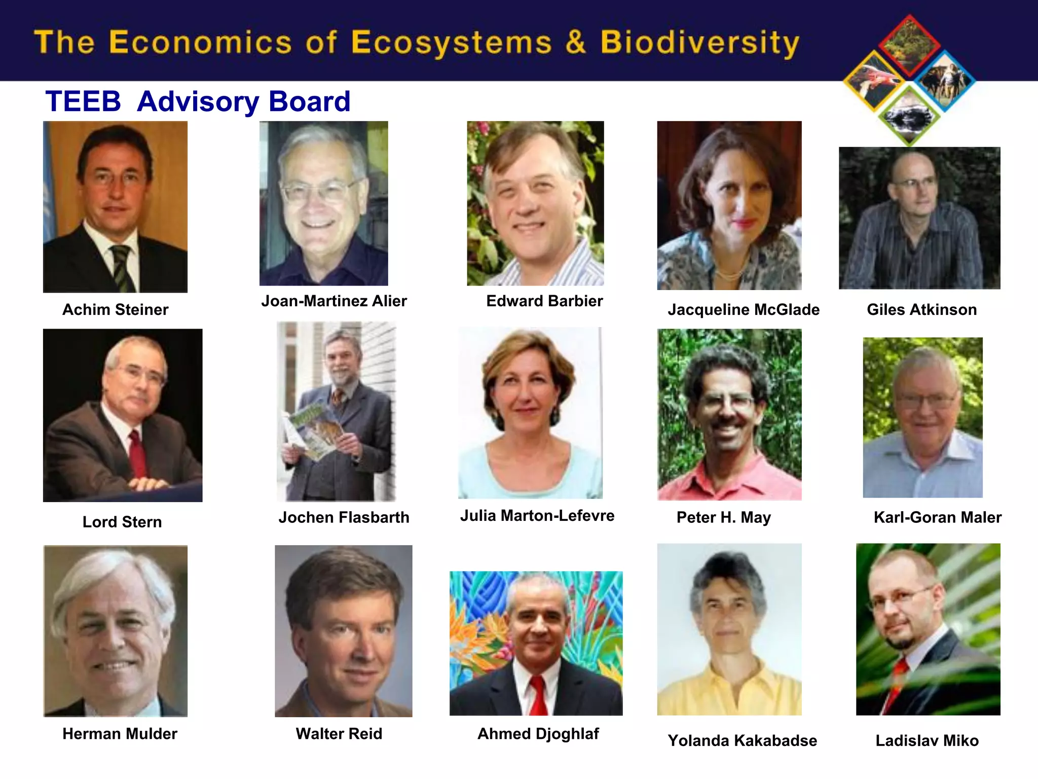 TEEB Advisory Board




                 Joan-Martinez Alier      Edward Barbier
 Achim Steiner                                                Jacqueline McGlade   Giles Atkinson




   Lord Stern      Jochen Flasbarth    Julia Marton-Lefevre    Peter H. May        Karl-Goran Maler




 Herman Mulder       Walter Reid         Ahmed Djoghlaf       Yolanda Kakabadse     Ladislav Miko
 