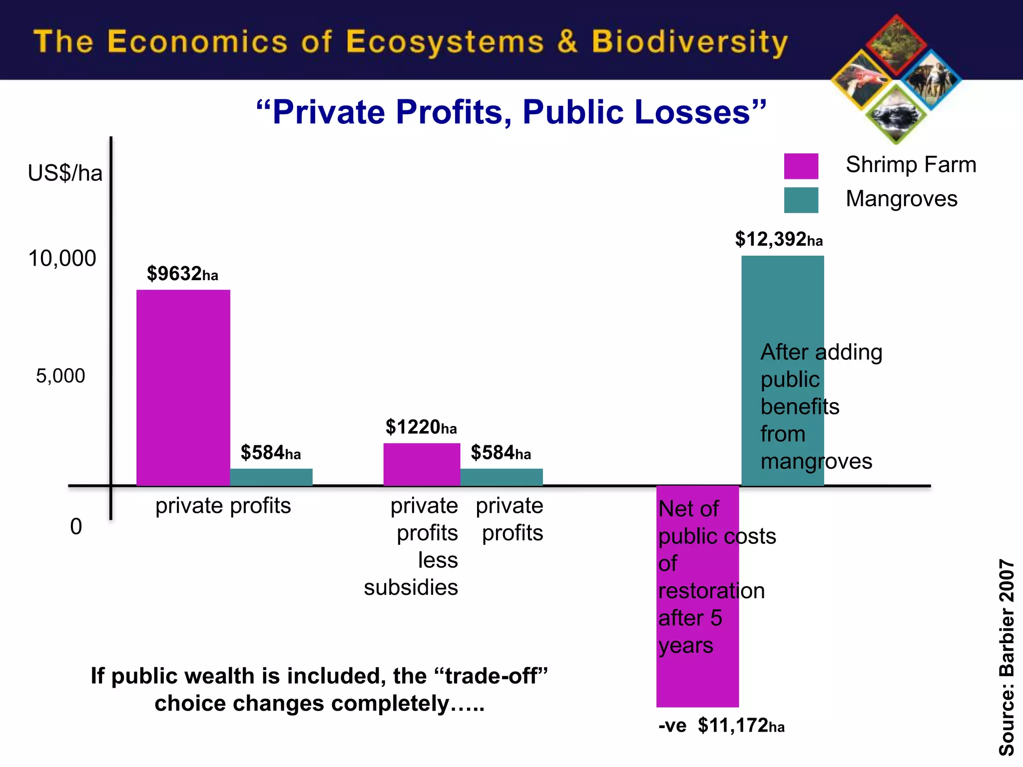 “Private Profits, Public Losses”
US$/ha                                                                     Shrimp Farm
                                                                           Mangroves
                                                               $12,392ha
10,000
             $9632ha


                                                                  After adding
5,000                                                             public
                                                                  benefits
                                    $1220ha                       from
                       $584ha                 $584ha              mangroves
              private profits       private private     Net of
   0                                 profits profits    public costs
                                       less             of




                                                                                         Source: Barbier 2007
                                  subsidies             restoration
                                                        after 5
                                                        years
        If public wealth is included, the “trade-off”
              choice changes completely…..
                                                        -ve $11,172ha
 