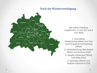 Nach der Wiedervereinigung
Wir wollen 8 Bezirke
vergleichen: 4 vom Ost und 4
vom West
1- Kreuzberg-
Friedrichshain(West und Ost)
und Tempelhof-Schöneberg
(West)
2- Charlottenburg-Wimelsdorf
(West) und Pankow (Ost)
3- Steglitz-Zehlendorf (West)
und Mitte (Ost)
4- Spandau (Wets) und
Treptow-Köpenick (Ost)
 