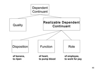 Dependent
              Continuant


                     Realizable Dependent
Quality                   Continuant




Disposition        Function          Role

of banana,        of heart,       of employee,
to ripen          to pump blood   to work for pay


                                                    46
 