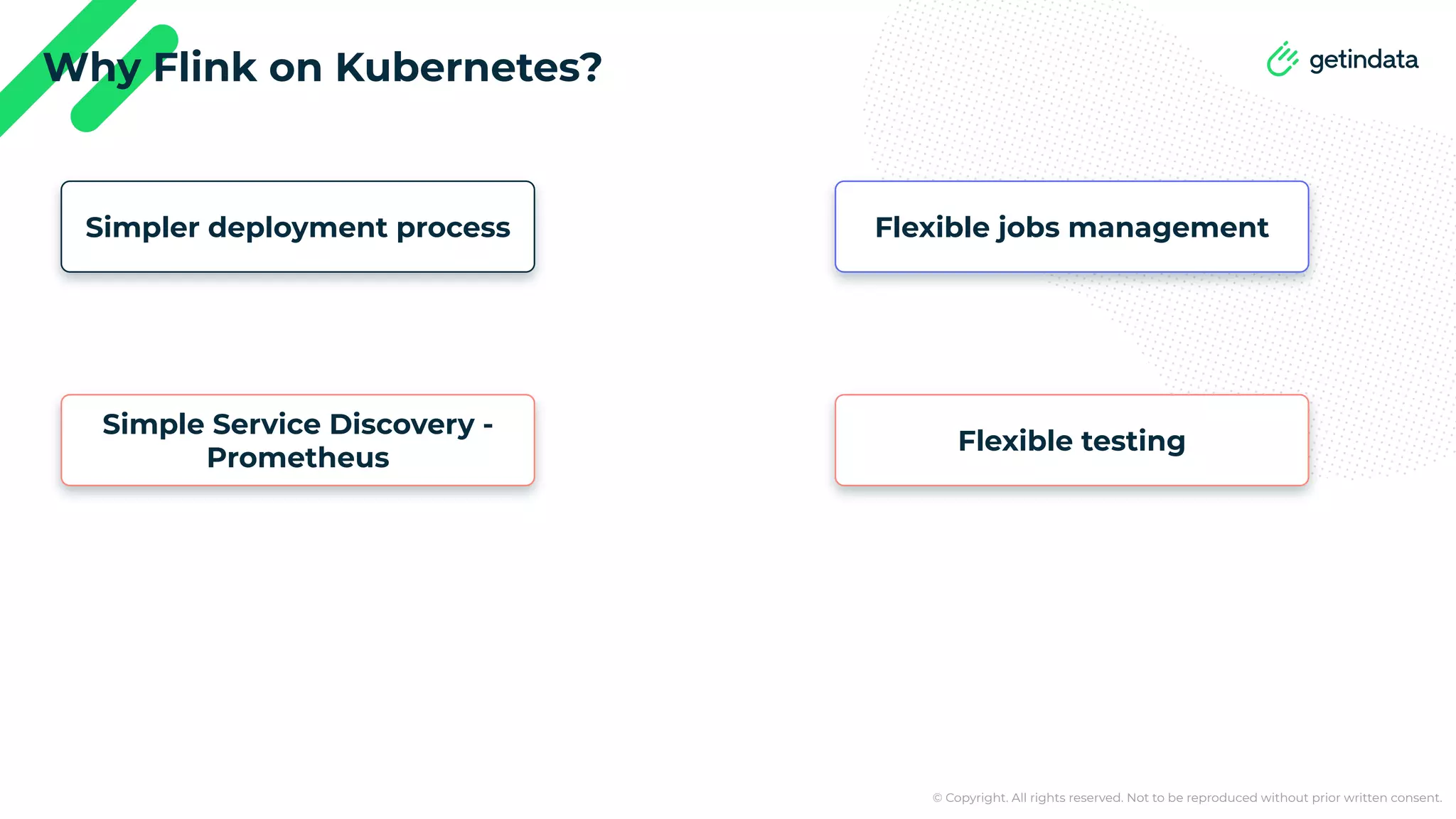 © Copyright. All rights reserved. Not to be reproduced without prior written consent. Why Flink on Kubernetes? Simpler deployment process Flexible jobs management Simple Service Discovery - Prometheus Flexible testing 
