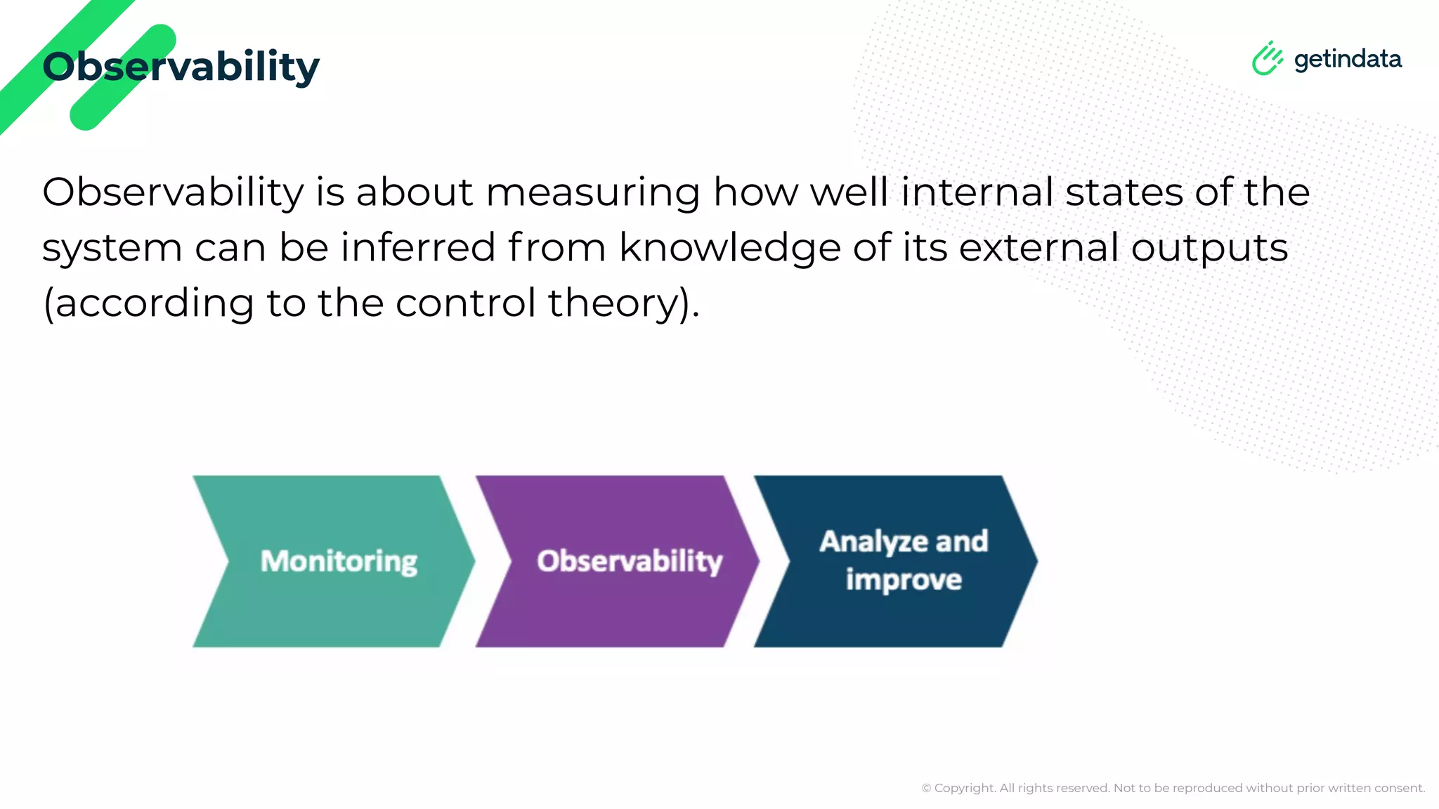 © Copyright. All rights reserved. Not to be reproduced without prior written consent. Observability Observability is about measuring how well internal states of the system can be inferred from knowledge of its external outputs (according to the control theory). 
