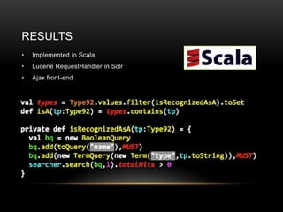RESULTS
•   Implemented in Scala
•   Lucene RequestHandler in Solr
•   Ajax front-end
 