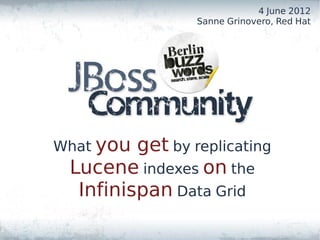 4 June 2012
                 Sanne Grinovero, Red Hat




What you get by replicating
 Lucene indexes on the
  Infinispan Data Grid
 
