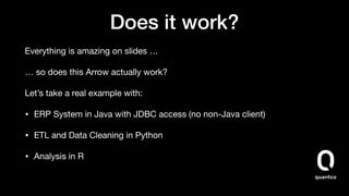 Does it work?
Everything is amazing on slides …

… so does this Arrow actually work?

Let’s take a real example with:

• ERP System in Java with JDBC access (no non-Java client)

• ETL and Data Cleaning in Python

• Analysis in R
 