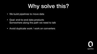 Why solve this?
• We build pipelines to move data

• Goal: end-to-end data products 
Somewhere along the path we need to talk

• Avoid duplicate work / work on converters
 