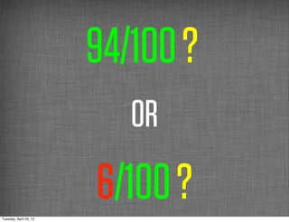 94/100 ?
                           OR

Tuesday, April 24, 12
                        6/100 ?
 