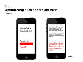 Gewicht?
9
Optimierung alles andere als trivial
#1 Mobile.
Newsletter
Download läuft
Fortschritt:
Geduld…
 