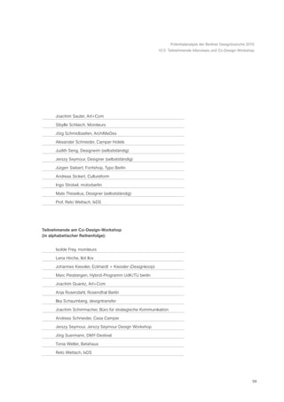 Potentialanalyse der Berliner Designbranche 2010
                                                           10.3 Teilnehmende Interviews und Co-Design-Workshop




     Joachim Sauter, Art+Com

     Sibylle Schlaich, Moniteurs

     Jörg Schmidtsiefen, ArchiMeDes

     Alexander Schneider, Camper Hotels

     Judith Seng, Designerin (selbstständig)

     Jerszy Seymour, Designer (selbstständig)

     Jürgen Siebert, Fontshop, Typo Berlin

     Andreas Sickert, Cultureform

     Ingo Strobel, motorberlin

     Mats Theselius, Designer (selbstständig)

     Prof. Reto Wettach, IxDS




Teilnehmende am Co-Design-Workshop
(in alphabetischer Reihenfolge):


     Isolde Frey, moniteurs

     Lena Hirche, Ilot Ilov

     Johannes Kiessler, Eckhardt + Kiessler (Designkoop)

     Marc Piesbergen, Hybrid-Programm UdK/TU berlin

     Joachim Quantz, Art+Com

     Anja Rosendahl, Rosendhal Berlin

     Ilka Schaumberg, designtransfer

     Joachim Schirrmacher, Büro für strategische Kommunikation

     Andreas Schneider, Casa Camper

     Jerszy Seymour, Jerszy Seymour Design Workshop

     Jörg Suermann, DMY-Destival

     Tonia Welter, Betahaus

     Reto Wettach, IxDS




                                                                                                               59
 