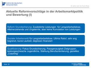 Aktuelle Reformvorschläge in der Arbeitsmarktpolitik
und Bewertung (I)
Reform Grundsicherung: Zusätzliche Leistungen für Langzeitarbeitslose,
Alleinerziehende und Ungelernte, aber keine Kumulation von Leistungen
Sozialer Arbeitsmarkt für Langzeitarbeitslose: Ultima Ratio!, sehr eng
begrenzt, kurze Laufzeit, degressiv finanziert
Qualifizierung: Fokus Grundsicherung, Passgenauigkeit Zielgruppen,
leistungsschwache Jugendliche, Stärkung Berufsorientierung, gezieltes
„Coaching“
20 Jahre nach der Ruck-Rede
Seite 24
 