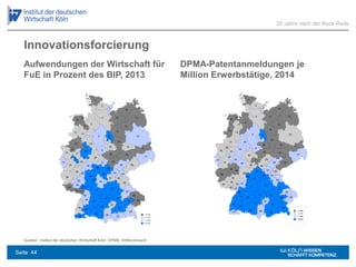 Quellen: Institut der deutschen Wirtschaft Köln; DPMA; Stifterverband
Aufwendungen der Wirtschaft für
FuE in Prozent des BIP, 2013
DPMA-Patentanmeldungen je
Million Erwerbstätige, 2014
Innovationsforcierung
20 Jahre nach der Ruck-Rede
Seite 44
 