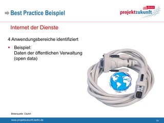 Best Practice Beispiel

 Internet der Dienste

4 Anwendungsbereiche identifiziert
 Beispiel:
  Daten der öffentlichen Verwaltung
  (open data)




 Bilderquelle: ClipArt

 www.projektzukunft.berlin.de         14
 