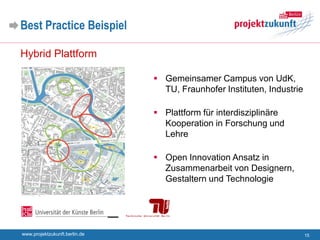 Best Practice Beispiel

Hybrid Plattform

                                Gemeinsamer Campus von UdK,
                                 TU, Fraunhofer Instituten, Industrie

                                Plattform für interdisziplinäre
                                 Kooperation in Forschung und
                                 Lehre

                                Open Innovation Ansatz in
                                 Zusammenarbeit von Designern,
                                 Gestaltern und Technologie




www.projektzukunft.berlin.de                                            15
 