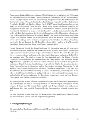 Tabellenverzeichnis


Das separate Backend bietet verschiedene Möglichkeiten, deren wichtigste die Föderation
ist. Im Zusammenhang mit Open Data bedeutet das: Das Berliner CKAN kann einerseits
Inhalte untergeordneter Instanzen konzentrieren, beispielsweise CKAN-Datenportale der
Bezirke oder sogar solche, die in einzelnen Institutionen eingesetzt werden. Zudem kann
Fraunhofer FOKUS die Berliner Daten durch CKAN dem Bund bereitstellen, sobald
dieser ein vergleichbares Portal betreibt. Schon heute können die Daten außerdem auf
europäischer Ebene z.B. auf publicdata.eu veröﬀentlicht werden. Damit diese Födera-
tion sinnvoll funktionieren kann, ist ein durchdachtes Metadatenschema notwendig. Das
heißt, alle Beteiligten müssen die gleichen Informationen über Datensätze pﬂegen, und
zwar in kompatiblen Formaten. Fraunhofer FOKUS hat daher auf der Basis von Erfah-
rungen existierender Portale aus Großbritannien sowie den Städten London und Wien
sowie einer Umfrage unter weiteren europäischen Großstädten ein Metadatenschema
entwickelt, das im Rahmen des EU-Projektes »Open Cities« zudem in den Metropolen
Barcelona, Amsterdam und Paris zum Einsatz kommen wird.

Derzeit bietet das Portal den Zugriﬀ auf rund 60 Datensätze aus fast 15 verschiede-
nen Datenkategorien, nicht nur der öﬀentlichen Hand, sondern auch bereits von anderen
Organisationen. Die Nutzer von http://daten.berlin.de dürfen die Daten für alle Zwe-
cke verwenden, solange nicht gegen die Nutzungsbedingungen und gegen Rechte Drit-
ter verstoßen wird. Wo möglich werden die Datenbestände unter die Lizenz »Creative
Commons Namensnennung 3.0 Deutschland« (CC BY) gestellt. Des Weiteren werden
Applikationen angeboten, die auf den Daten aufbauen, diese auswerten und/oder vi-
sualisieren. Gerade bei den Applikationen zeigt sich die Stärke des Ansatzes, in einer
Stadt Daten oﬀen zur Verfügung zu stellen: Bereits kurz nach der Öﬀnung des Portals
wurden Applikationen hochgeladen, die neue Einsichten ermöglichen – wie z.B. über
den aktuellen Stand der Ozonbelastung in Berlin. Für Hinweise, Vorschläge und Wün-
sche zu den Daten, Applikationen und generell um in Interaktion mit Nutzern zu treten
und mögliche Weiterentwicklungen des Portals zu besprechen, wurde auf dem Berliner
Datenportal eine Feedbackmöglichkeit realisiert.

Verwaltungsintern werden Informationsveranstaltungen und Softwarewerkzeuge angebo-
ten, damit eigene Datensätze zukünftig ebenfalls auf dem Datenportal eingestellt werden
können. Beiträge aus Wirtschaft, Wissenschaft und Zivilgesellschaft sind willkommen
und können über eine spezielle Schnittstelle des Datenregisters bekannt gemacht wer-
den.

Bis zum Ende des Jahres 2011 läuft der Pilotbetrieb, dann werden die Vorbereitungen
für einen weiteren Ausbau und den Regelbetrieb getroﬀen.


Handlungsempfehlungen

Die strategischen Handlungsempfehlungen zu Oﬀenen Daten in Berlin umfassen folgende
Bereiche:



                                                                                    13
 