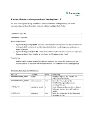  
Schnittstellenbeschreibung	
  zum	
  Open-­‐Data-­‐Register	
  v1.2	
  
Das	
  Open-­‐Data-­‐Register	
  verfügt	
  über	
  RESTful-­‐Dienstschnittstellen	
  zur	
  Registrierung	
  von	
  neuen	
  
Metadatensätzen	
  und	
  zum	
  Export	
  der	
  Metadatensätze	
  an	
  das	
  Open-­‐Data-­‐Portal.	
  

	
  

Spezifikation	
  Input-­‐API	
  ..................................................................................................................................	
  2	
  

Spezifikation	
  Output-­‐API	
  ...............................................................................................................................	
  7	
  

Schnittstellenüberblick	
  

       •     Open-­‐Data-­‐Register	
  Input-­‐API	
  -­‐	
  Die	
  Input	
  API	
  dient	
  als	
  Schnittstelle	
  zwischen	
  Metadatenformular	
  
             im	
  Imperia-­‐CMS	
  von	
  berlin.de	
  und	
  dem	
  Open	
  Data	
  Register	
  zum	
  Eintragen	
  von	
  Metadaten	
  zu	
  
             einem	
  Datensatz.	
  
       •     Open-­‐Data-­‐Register	
  Output	
  -­‐API	
  -­‐	
  Die	
  Output	
  API	
  dient	
  als	
  Schnittstelle	
  zwischen	
  dem	
  Open	
  Data	
  
             Register	
  und	
  dem	
  Open	
  Data	
  Portal	
  zum	
  Export	
  der	
  Metadaten	
  in	
  das	
  Portal.	
  

Versionierung	
  

       •     Es	
  wird	
  jeweils	
  nur	
  eine	
  verwendbare	
  Version	
  der	
  Input-­‐	
  und	
  Output-­‐API	
  bereitgestellt.	
  Die	
  
             aktuelle	
  Version	
  ist	
  in	
  diesem	
  Dokument	
  beschrieben	
  und	
  wird	
  kontinuierlich	
  weitergepflegt.	
  
	
  

Hinweise	
  zu	
  Kontakt/Author/Maintainer:	
  

Input	
  API	
                                  CKAN	
  API	
                    Pflicht	
         Bedeutung	
  
veroeffentlichende_stelle	
                     author	
                         ja	
              Die	
  Abteilung,	
  bzw.	
  das	
  Amt	
  das	
  den	
  
                                                                                                   Datensatzveröffentlicht.	
  
veroeffentlichende_person                       extras:username	
                nein	
            Name	
  der	
  Person,	
  die	
  für	
  die	
  
                                                                                                   Veröffentlichung	
  des	
  Datensatzes	
  
                                                                                                   verantwortlich	
  ist.	
  
kontakt_email	
                                 maintainer_email	
   ja	
                          Email-­‐Adresse,	
  an	
  die	
  man	
  sich	
  zu	
  diesem	
  
                                                                                                   Datensatz	
  wenden	
  kann,	
  ggf.	
  info@amt-­‐
                                                                                                   xyz.de	
  
kontakt_name                                    maintainer	
                     nein	
            Name	
  der	
  Person,	
  die	
  für	
  den	
  Datensatz	
  
                                                                                                   verantwortlich	
  ist.	
  
	
                                                  	
  
 
