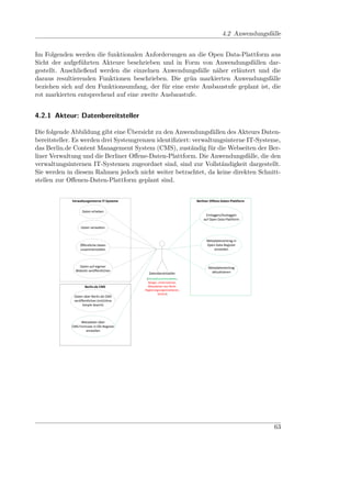 4.2 Anwendungsfälle


Im Folgenden werden die funktionalen Anforderungen an die Open Data-Plattform aus
Sicht der aufgeführten Akteure beschrieben und in Form von Anwendungsfällen dar-
gestellt. Anschließend werden die einzelnen Anwendungsfälle näher erläutert und die
daraus resultierenden Funktionen beschrieben. Die grün markierten Anwendungsfälle
beziehen sich auf den Funktionsumfang, der für eine erste Ausbaustufe geplant ist, die
rot markierten entsprechend auf eine zweite Ausbaustufe.


4.2.1 Akteur: Datenbereitsteller

Die folgende Abbildung gibt eine Übersicht zu den Anwendungsfällen des Akteurs Daten-
bereitsteller. Es werden drei Systemgrenzen identiﬁziert: verwaltungsinterne IT-Systeme,
das Berlin.de Content Management System (CMS), zuständig für die Webseiten der Ber-
liner Verwaltung und die Berliner Oﬀene-Daten-Plattform. Die Anwendungsfälle, die den
verwaltungsinternen IT-Systemen zugeordnet sind, sind zur Vollständigkeit dargestellt.
Sie werden in diesem Rahmen jedoch nicht weiter betrachtet, da keine direkten Schnitt-
stellen zur Oﬀenen-Daten-Plattform geplant sind.
  Anwendungsfälle Akteur Datenbereitsteller

              Verwaltungsinterne IT-Systeme                               Berliner Offene-Daten-Plattform

                    Daten erheben
                                                                                Einloggen/Ausloggen
                                                                              auf Open Data-Plattform

                   Daten verwalten


                                                                                Metadateneintrag in
                   Öffentliche Daten                                            Open Data-Register
                   zusammenstellen                                                  einstellen



                  Daten auf eigener                                              Metadateneintrag
                Website veröffentlichen                                           aktualisieren
                                                Datenbereitsteller
                                               (Verwaltunsmitarbeiter,
                                                Bürger, Unternehmer,
                      Berlin.de CMS             Mitarbeiter von Nicht-
                                              Regierungsorganisationen,
                                                       Sensor)
               Daten über Berlin.de CMS
               veröffentlichen (mit/ohne
                     Simple Search)



                   Metadaten über
              CMS-Formular in OD-Register
                      einstellen




                                                                                                            63
 