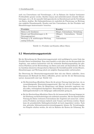 5 Geschäftsmodelle


auch von Unternehmen und Verwaltungen, z. B. im Rahmen der Analyse bestimmter
Problemfelder genutzt werden. Darüber hinaus sind nichtelektronisch erbrachte Dienst-
leistungen, wie z. B. die manuelle Auftragsrecherche im Datenbestand und die Veredelung
von Daten, denkbar. Bei Onlineplattformen ist zusätzlich die Platzierung von Werbung
eine mögliche Einnahmequelle. Kunden sind hier Unternehmen, die ihre Produkte und
Dienstleistungen kontextsensitiv bewerben.

     Produkte                                      Kunden
     Daten (z. B. Geodaten)                        Bürger, Unternehmen, Verwaltung
     Dienste und Dienstleistungen (z. B.           (Bürger), Unternehmen, Verwal-
     Datenaggregation)                             tung
     Werbung (z. B. stadtbezogene Werbung          Unternehmen
     analog berlin.de)


                    Tabelle 5.1: Produkte und Kunden oﬀener Daten



5.2 Monetarisierungspotentiale

Bei der Betrachtung der Monetarisierungpotenziale wird nachfolgend in erster Linie das
Produkt Daten berücksichtigt: Zum einen handelt es sich dabei um das Kernprodukt des
Angebots, zum anderen konzentriert sich der technische Realisierungsumfang der pilo-
tierten Plattform auf die Bereitstellung von Daten und nicht auf Zusatzdienste. Bei den
im Anschluss skizzierten übergeordneten Optionen für Geschäftsmodelle werden Dienste,
Dienstleistungen und Werbung jedoch als mögliche Zusatzprodukte mitbetrachtet.

Zur Bewertung der Monetarisierungpotenziale lässt sich eine Matrix aufstellen, deren
Dimensionen die Herkunft der Daten (öﬀentlich, privat) und die Art der Datennutzung
(privat, kommerziell) sind (vgl. Tabelle 5.2):

     • Die Bereitstellung öﬀentlicher Daten für die private Nutzung birgt kein bzw. ein zu
       vernachlässigendes Monetarisierungspotenzial. Hier hat sich der Grundsatz, dass
       Open Government Data für Bürgerinnen und Bürger kostenfrei angeboten wer-
       den sollen, weitestgehend durchgesetzt. Demzufolge ist davon auszugehen, dass die
       Zahlungsbereitschaft in der Zielgruppe außerordentlich gering ist.

     • Bei der Bereitstellung öﬀentlicher Daten für die kommerzielle Nutzung hingegen ist
       die Erhebung von Kostenbeiträgen als realistisch anzusehen. Mit der kommerziellen
       Nutzung der Daten verbessern Unternehmen ihre Angebote mit neuen bzw. verbes-
       serten Produkten und können dadurch mehr Umsatz und Gewinn erzielen. Damit
       kann die grundsätzliche Zahlungsbereitschaft als hoch eingeschätzt werden. Nach
       dem geltenden Informationsweiterverwendungsgesetz können für Verwaltungsda-
       ten Entgelte erhoben werden, die sich im Rahmen der Kosten der Erfassung, Re-



76
 