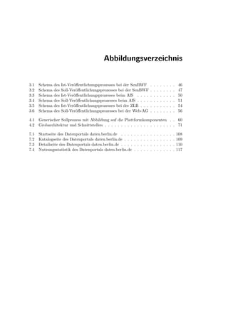 Abbildungsverzeichnis


3.1   Schema   des   Ist-Veröﬀentlichungsprozesses bei der SenBWF                .   .   .   .   .   .   .   .   46
3.2   Schema   des   Soll-Veröﬀentlichungsprozesses bei der SenBWF               .   .   .   .   .   .   .   .   47
3.3   Schema   des   Ist-Veröﬀentlichungsprozesses beim AfS . . . .              .   .   .   .   .   .   .   .   50
3.4   Schema   des   Soll-Veröﬀentlichungsprozesses beim AfS . . . .             .   .   .   .   .   .   .   .   51
3.5   Schema   des   Ist-Veröﬀentlichungsprozesses bei der ZLB . . .             .   .   .   .   .   .   .   .   54
3.6   Schema   des   Soll-Veröﬀentlichungsprozesses bei der Web-AG               .   .   .   .   .   .   .   .   56

4.1   Generischer Sollprozess mit Abbildung auf die Plattformkomponenten . . 60
4.2   Grobarchitektur und Schnittstellen . . . . . . . . . . . . . . . . . . . . . . 71

7.1   Startseite des Datenportals daten.berlin.de . . . .    .   .   .   .   .   .   .   .   .   .   .   .   .   108
7.2   Katalogseite des Datenportals daten.berlin.de . . .    .   .   .   .   .   .   .   .   .   .   .   .   .   109
7.3   Detailseite des Datenportals daten.berlin.de . . . .   .   .   .   .   .   .   .   .   .   .   .   .   .   110
7.4   Nutzungsstatistik des Datenportals daten.berlin.de     .   .   .   .   .   .   .   .   .   .   .   .   .   117
 