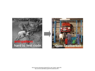    
http://commons.wikimedia.org/wiki/File:Pit_crew_Hudson_Valley.JPG
http://commons.wikimedia.org/wiki/File:CarService.JPG
hard to test code
anti­pattern
Gute Testbarkeit
 