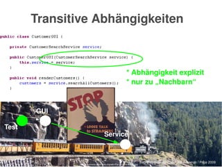    
...
Test
* Abhängigkeit explizit
* nur zu „Nachbarn“
Begriff „trainwreck code“ von Freeman / Price 2009
http://commons.wikimedia.org/wiki/File:1918trainwreck.jpg
Transitive Abhängigkeiten
GUI
Service
 