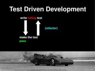    
write failing test
make the test 
pass
(refactor)
Test Driven Development
http://commons.wikimedia.org/wiki/File:Bluebird_land_speed_record_car_1935_rc10413.jpg
 