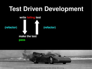    
write failing test
make the test 
pass
(refactor)
Test Driven Development
(refactor)
http://commons.wikimedia.org/wiki/File:Bluebird_land_speed_record_car_1935_rc10413.jpg
 