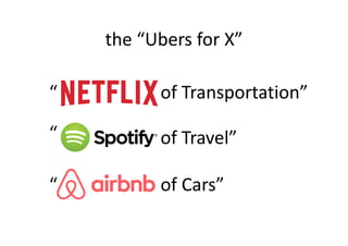 the “Ubers for X”
of Transportation”“
“ of Travel”“
of Cars”“
 