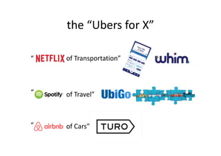 the “Ubers for X”
of Transportation”“
of Travel”“
of Cars”“
 