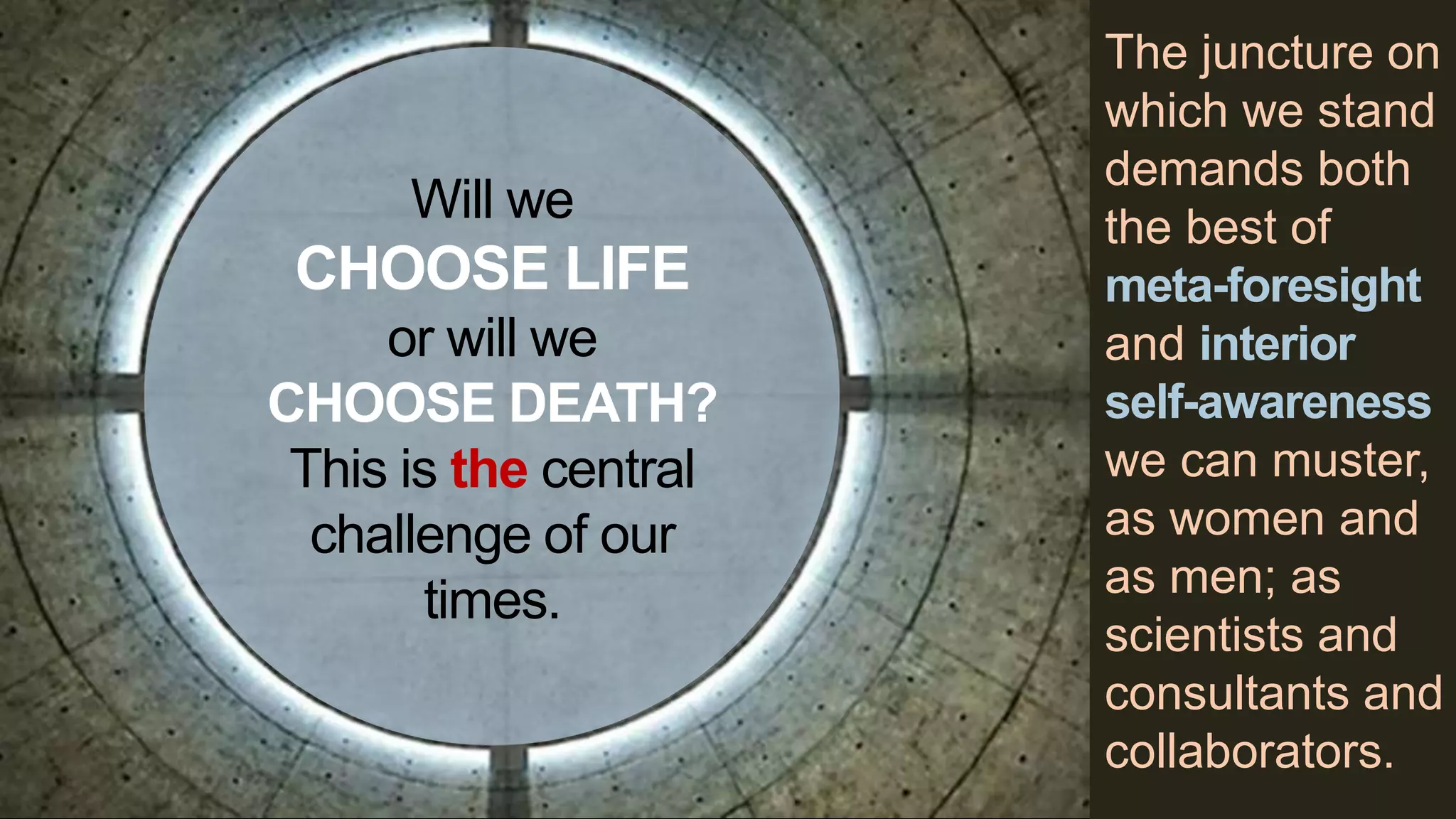 The juncture on
which we stand
demands both
the best of
meta-foresight
and interior
self-awareness
we can muster,
as women and
as men; as
scientists and
consultants and
collaborators.
Will we
CHOOSE LIFE
or will we
CHOOSE DEATH?
This is the central
challenge of our
times.
 
