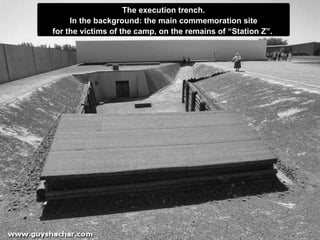 The execution trench. In the background: the main commemoration site for the victims of the camp, on the remains of “Station Z”.   