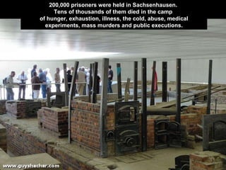 200,000 prisoners were held in  Sachsenhausen .  Tens of thousands of them died in the camp  of hunger, exhaustion, illness, the cold, abuse, medical experiments, mass murders and public executions. 