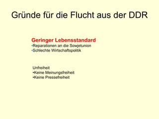 Gründe für die Flucht aus der DDR
Geringer Lebensstandard
•Reparationen an die Sowjetunion
•Schlechte Wirtschaftspolitik
Unfreiheit
•Keine Meinungsfreiheit
•Keine Pressefreiheit
 