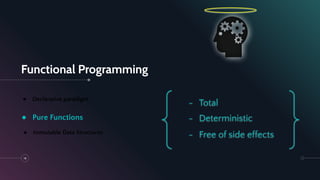 Functional Programming
14
● Declarative paradigm
● Pure Functions
● Immutable Data Structures
- Total
- Deterministic
- Free of side effects
 