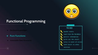 Functional Programming
15
● Declarative paradigm
● Pure Functions
● Immutable Data Structures
❏ handle events
❏ read from the DataBase
❏ persist information
❏ print out the result
❏ retry in event of errors
❏ send result to other
services
TO DO
 