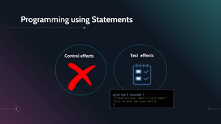55
Test effectsControl effects
greeting() shouldBe {
["Good morning, what is your name?",
"nice to meet you user-test”]
}
Programming using Statements
 