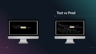 Test vs Prod
for {
state <-
Ref.make(Vector.empty[String])
_ <- greeting.provide(Test(state))
result <- state.get
} yield result shouldBe Vector(
"Good morning, what is your name?",
"nice to meet you user-test”)
val program =
greeting.provide(Live)
51
 