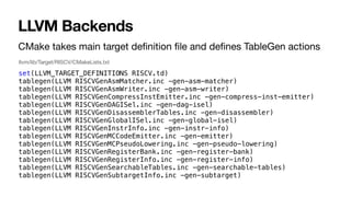 CMake takes main target de
fi
nition
fi
le and de
fi
nes TableGen actions
LLVM Backends
set(LLVM_TARGET_DEFINITIONS RISCV.td)
tablegen(LLVM RISCVGenAsmMatcher.inc -gen-asm-matcher)
tablegen(LLVM RISCVGenAsmWriter.inc -gen-asm-writer)
tablegen(LLVM RISCVGenCompressInstEmitter.inc -gen-compress-inst-emitter)
tablegen(LLVM RISCVGenDAGISel.inc -gen-dag-isel)
tablegen(LLVM RISCVGenDisassemblerTables.inc -gen-disassembler)
tablegen(LLVM RISCVGenGlobalISel.inc -gen-global-isel)
tablegen(LLVM RISCVGenInstrInfo.inc -gen-instr-info)
tablegen(LLVM RISCVGenMCCodeEmitter.inc -gen-emitter)
tablegen(LLVM RISCVGenMCPseudoLowering.inc -gen-pseudo-lowering)
tablegen(LLVM RISCVGenRegisterBank.inc -gen-register-bank)
tablegen(LLVM RISCVGenRegisterInfo.inc -gen-register-info)
tablegen(LLVM RISCVGenSearchableTables.inc -gen-searchable-tables)
tablegen(LLVM RISCVGenSubtargetInfo.inc -gen-subtarget)
llvm/lib/Target/RISCV/CMakeLists.txt
 