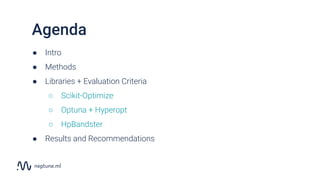 ● Intro
● Methods
● Libraries + Evaluation Criteria
○ Scikit-Optimize
○ Optuna + Hyperopt
○ HpBandster
● Results and Recom...