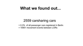 2559 carsharing cars
= 0.3% of all passenger cars registered in Berlin
= 10951 movement events between LORs
What we found out...
 