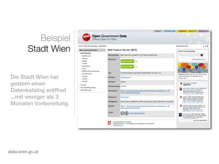 Beispiel
         Stadt Wien


 Die Stadt Wien hat
 gestern einen
 Datenkatalog eröffnet
 ...mit weniger als 3
 Monaten Vorbereitung.




data.wien.gv.at
 