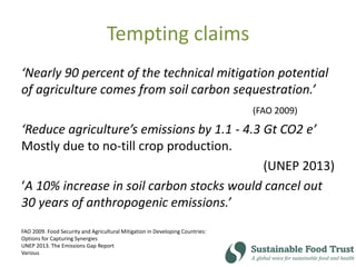 Tempting claims
‘Nearly 90 percent of the technical mitigation potential
of agriculture comes from soil carbon sequestration.’
(FAO 2009)
‘Reduce agriculture’s emissions by 1.1 - 4.3 Gt CO2 e’
Mostly due to no-till crop production.
(UNEP 2013)
‘A 10% increase in soil carbon stocks would cancel out
30 years of anthropogenic emissions.’
FAO 2009. Food Security and Agricultural Mitigation in Developing Countries:
Options for Capturing Synergies
UNEP 2013. The Emissions Gap Report
Various
 