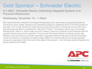 20 
© 2014 NetApp, Inc. All rights reserved. 
IDC reports that the market for Converged Infrastructure (CI), also known as Integrated Systems, continues to grow rapidly. Revenue has reportedly jumped an additional 38.5% in the first quarter of this year. CI is in high demand to meet business productivity needs, to bring the cloud to life and is fast becoming essential in enabling the "Internet of Things." This session will discuss Converged Infrastructure, what it is, what it does and how it does it, and how it impacts on and interacts with the physical infrastructure which supports it. Find out how Schneider Electric is working closely with NetApp, Cisco and others to provide 'extended,' integrated solutions that give customers simplified choice and deliver a complete and highly energy efficient IT solution that can be rapidly deployed across an organization, from the core to the edge of the network – from the data center through to the branch office and the SME. 
Gold Sponsor – Schneider Electric 
II-1-3502 - Schneider Electric: Extending Integrated Systems in to Physical Infrastructure 
Wednesday, November 19 – 1:45pm 
20 |  