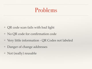 Problems
❖ QR code scan fails with bad light!
❖ No QR code for conﬁrmation code!
❖ Very little information - QR Codes not labeled!
❖ Danger of change addresses!
❖ Not (really) reusable
 