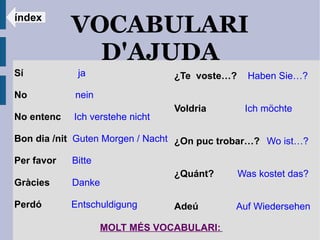 índex
            VOCABULARI
              D'AJUDA
Sí           ja                  ¿Te voste…?     Haben Sie…?
No          nein
                                 Voldria        Ich möchte
No entenc   Ich verstehe nicht

Bon dia /nit Guten Morgen / Nacht ¿On puc trobar…? Wo ist…?

Per favor   Bitte
                                 ¿Quánt?       Was kostet das?
Gràcies     Danke

Perdó       Entschuldigung       Adeú       Auf Wiedersehen

                    MOLT MÉS VOCABULARI:
 